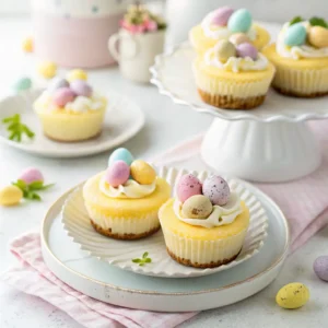 Mini Egg Cheesecake – Creamy, Easy Spring Dessert 6 Mini egg cheesecake topped with colorful Easter candies