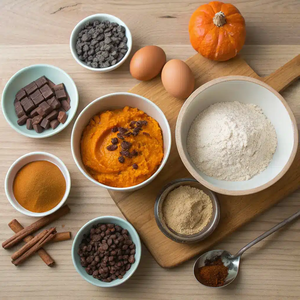 Best Chocolate Chip Pumpkin Bread – Moist, Easy 2 pumpkin bread ingredients overhead