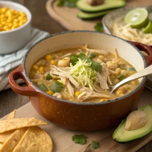 White Chicken Chili Recipe – Cozy, Creamy & Delicious 2 a rustic pot filled with creamy one pot white chic