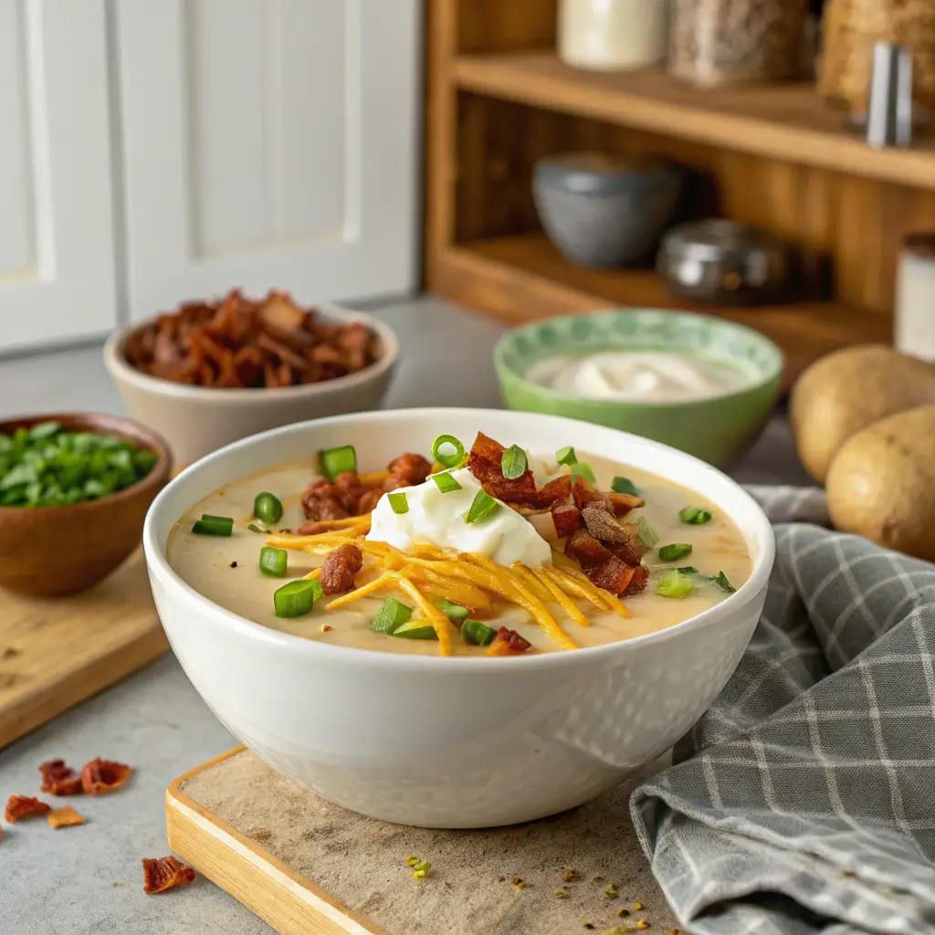 Comforting Loaded Baked Potato Soup – Easy Creamy Recipe 3 loaded baked potato soup serving